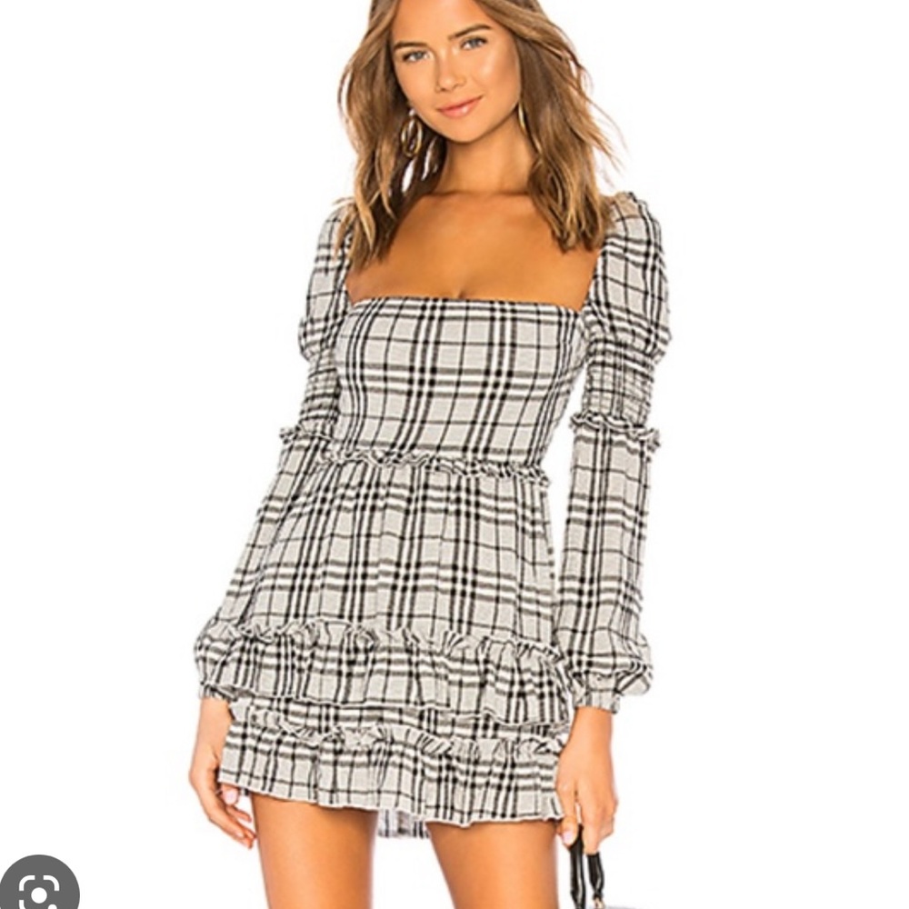 MAJORELLE Black and White Plaid Long Sleeve Mini Dress